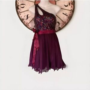 Sequin Hearts Jr. 3 one shoulder purple flouncy sequin top dress